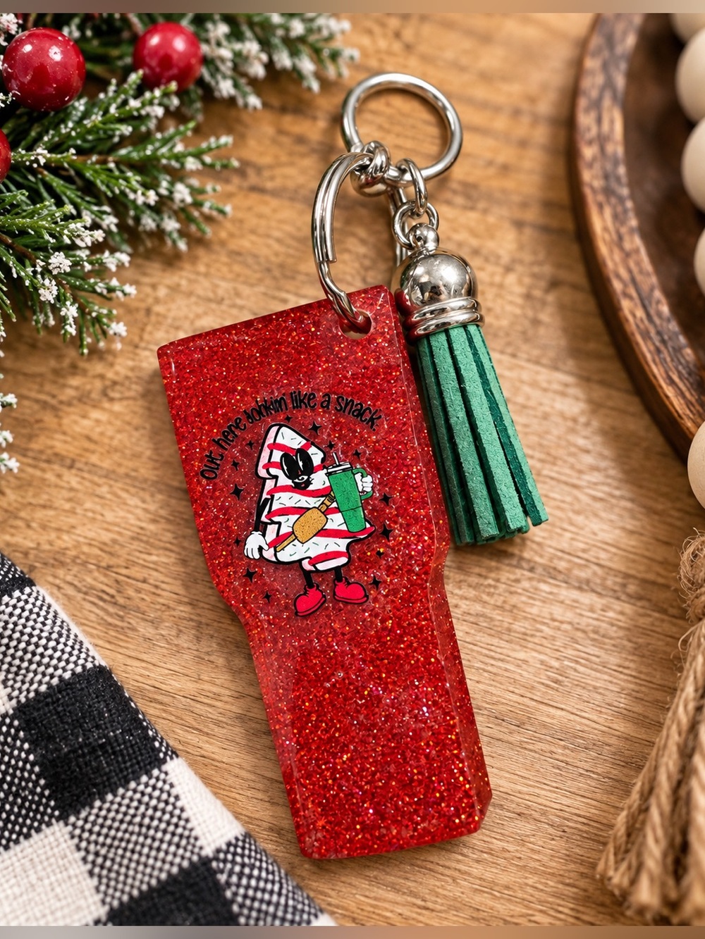 Holiday Glitter Red Keychain with resin Green Tassel